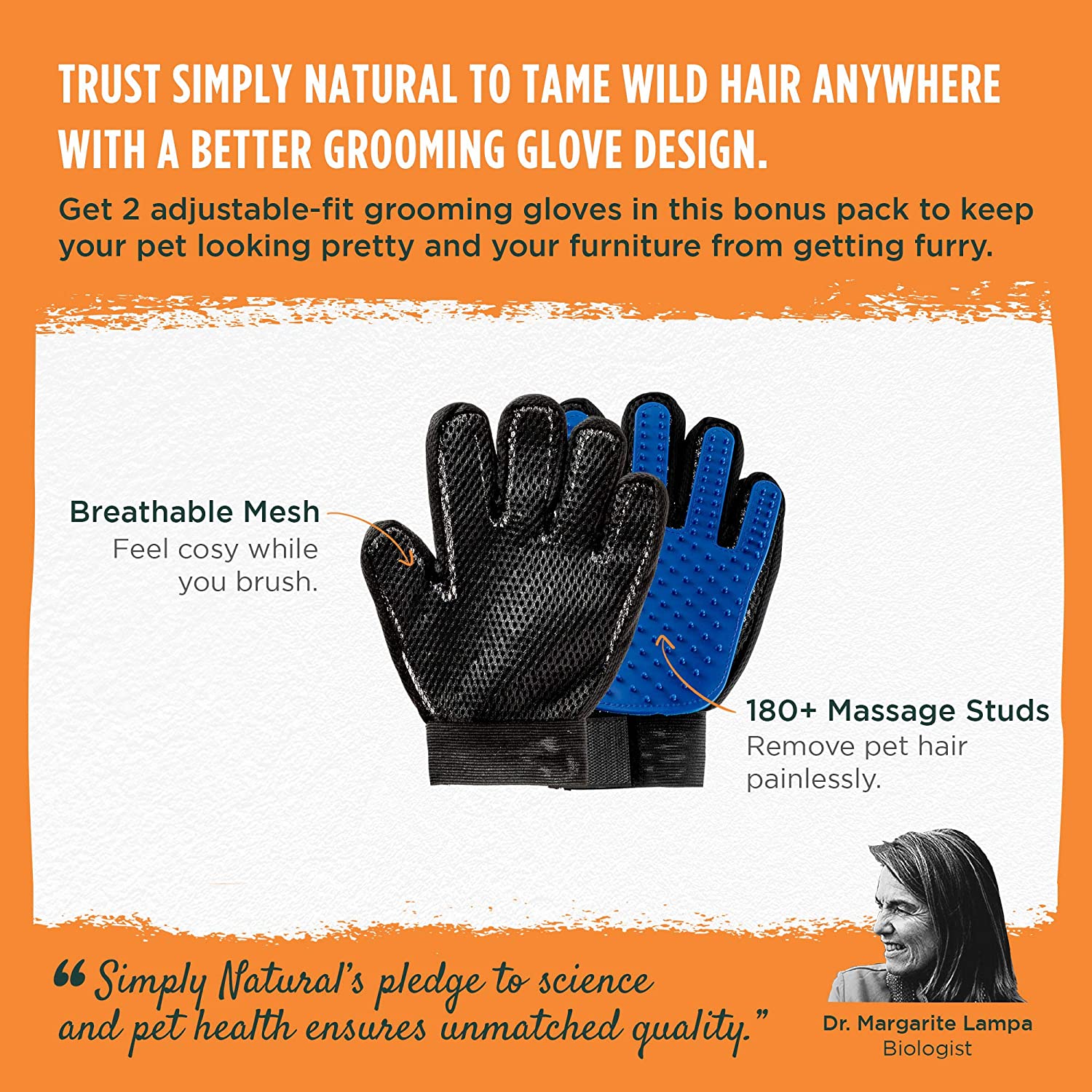  Simply Natural Pack de 2 Guantes de Aseo Pack de 2 Guantes de Aseo para Perros y Gatos con Pulseras de Velcro Ajustables para un Mejor Ajuste 