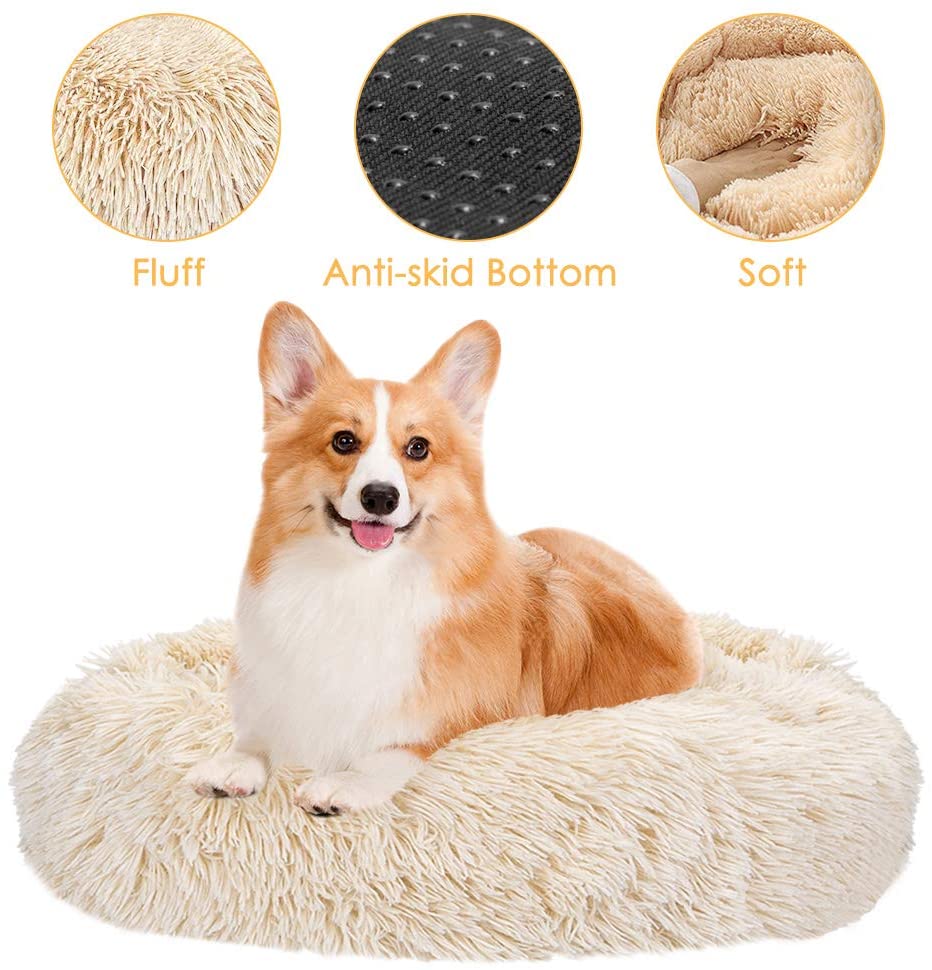  SlowTon Pet Calming Bed, Donut Cuddler Nest Cojín de Gato de Felpa Suave y cálido para Gatos con Esponja acogedora Fondo Antideslizante ， Lavable a máquina 15.7in / 19.7in / 23.6in (L (70CM), Caqui) 