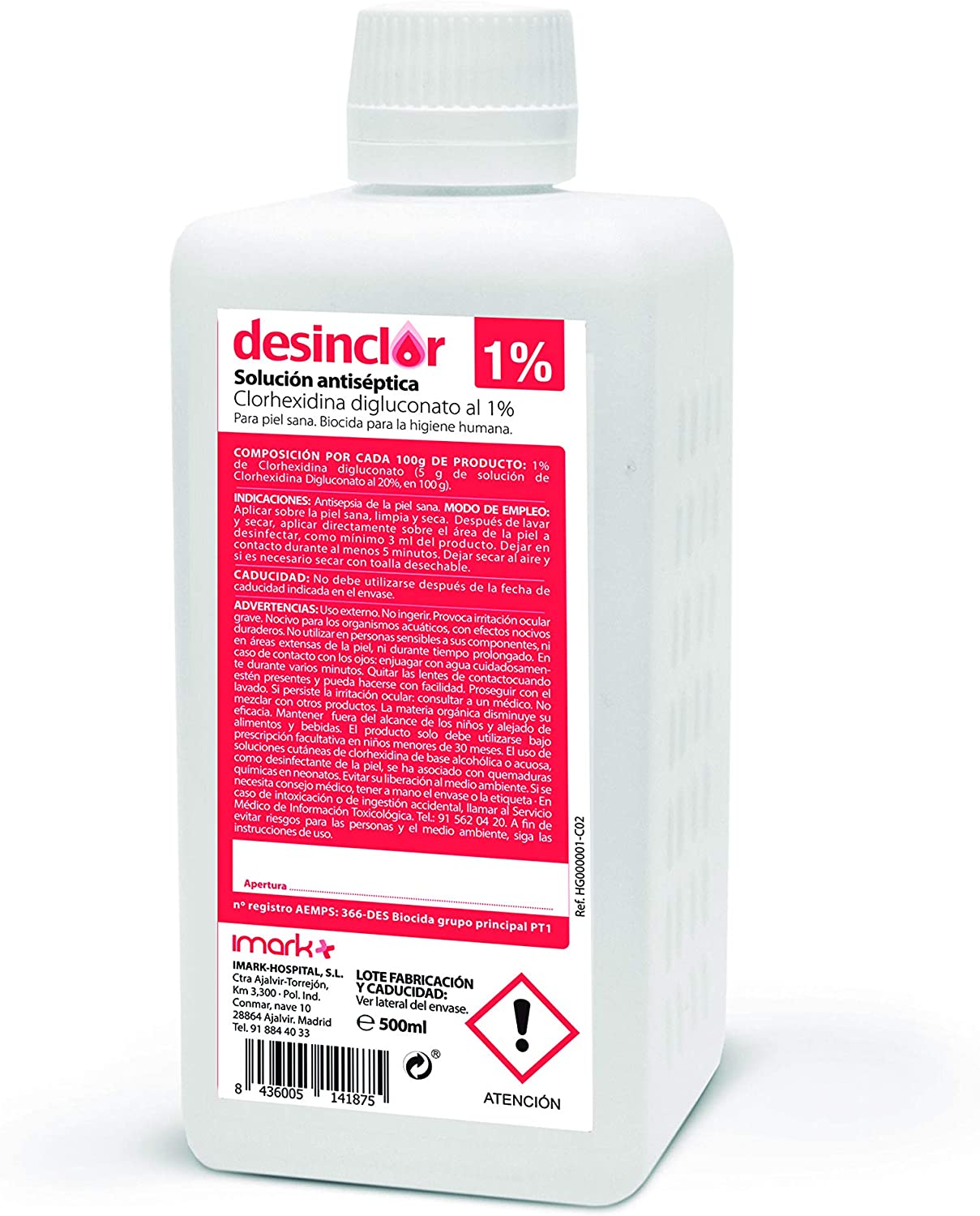  Solución Acuosa Coloreada Clorhexidina 1%, Limpieza de Manos, Desinfección Cuerpo, Piel Sana - 500 ml 