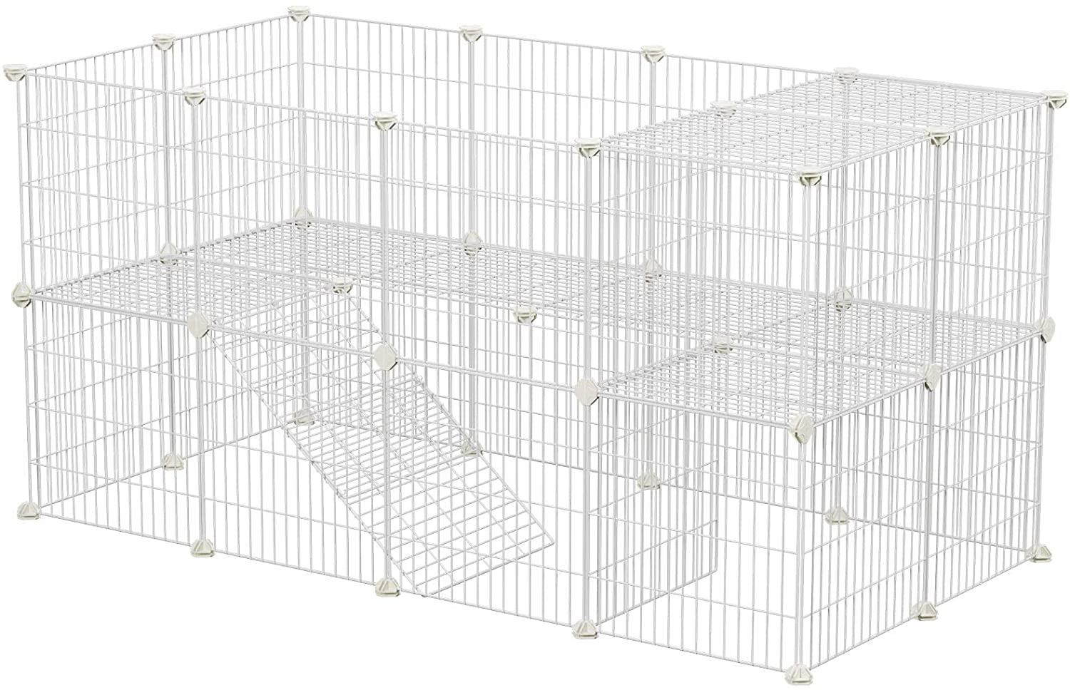  SONGMICS Parque para Mascotas, 2 Niveles, Jaula Modular, para Animales Pequeños, Hámsters, Conejos, Cobayas, Paneles de Malla Metálica, Uso Interior, 143 x 73 x 71 cm, Blanco LPI02W 