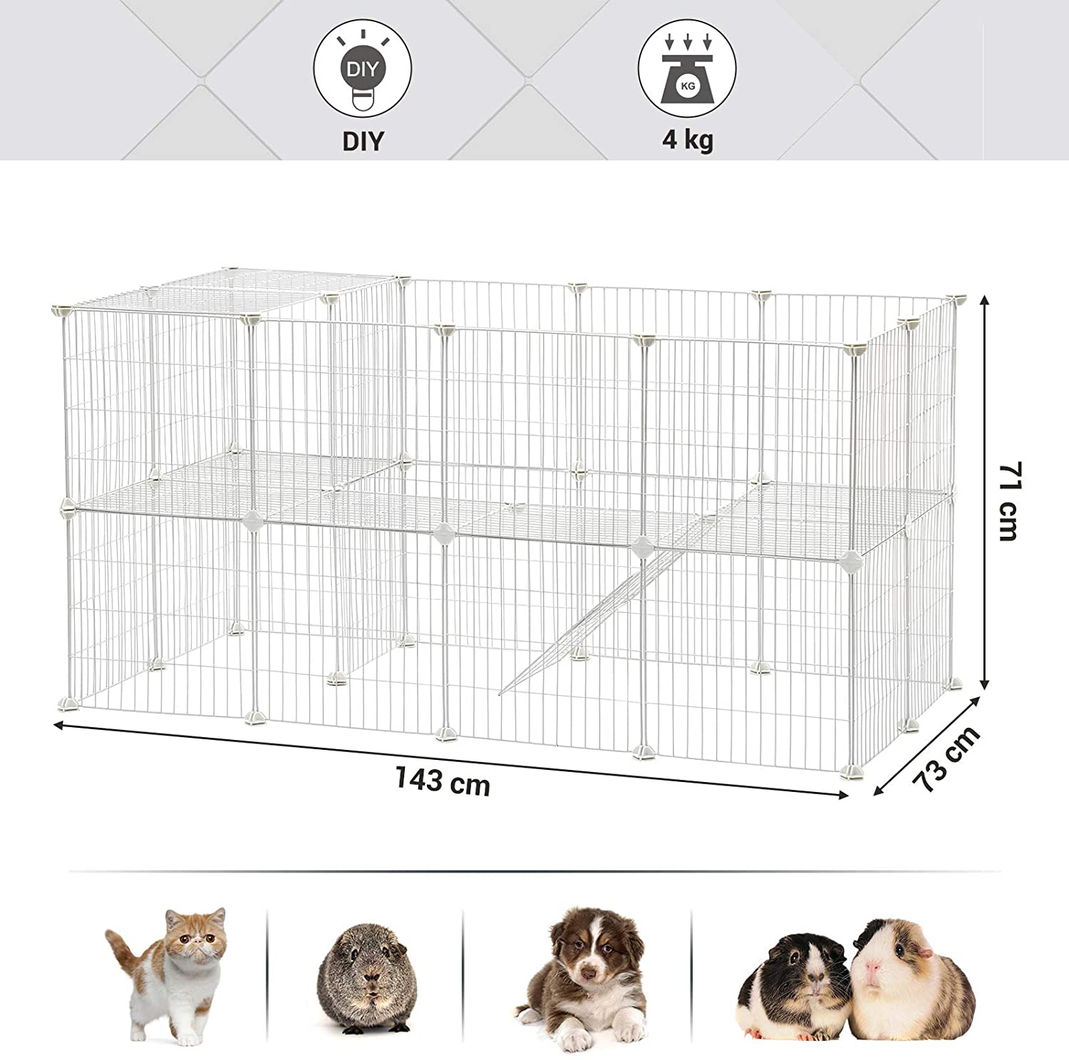  SONGMICS Parque para Mascotas, 2 Niveles, Jaula Modular, para Animales Pequeños, Hámsters, Conejos, Cobayas, Paneles de Malla Metálica, Uso Interior, 143 x 73 x 71 cm, Blanco LPI02W 