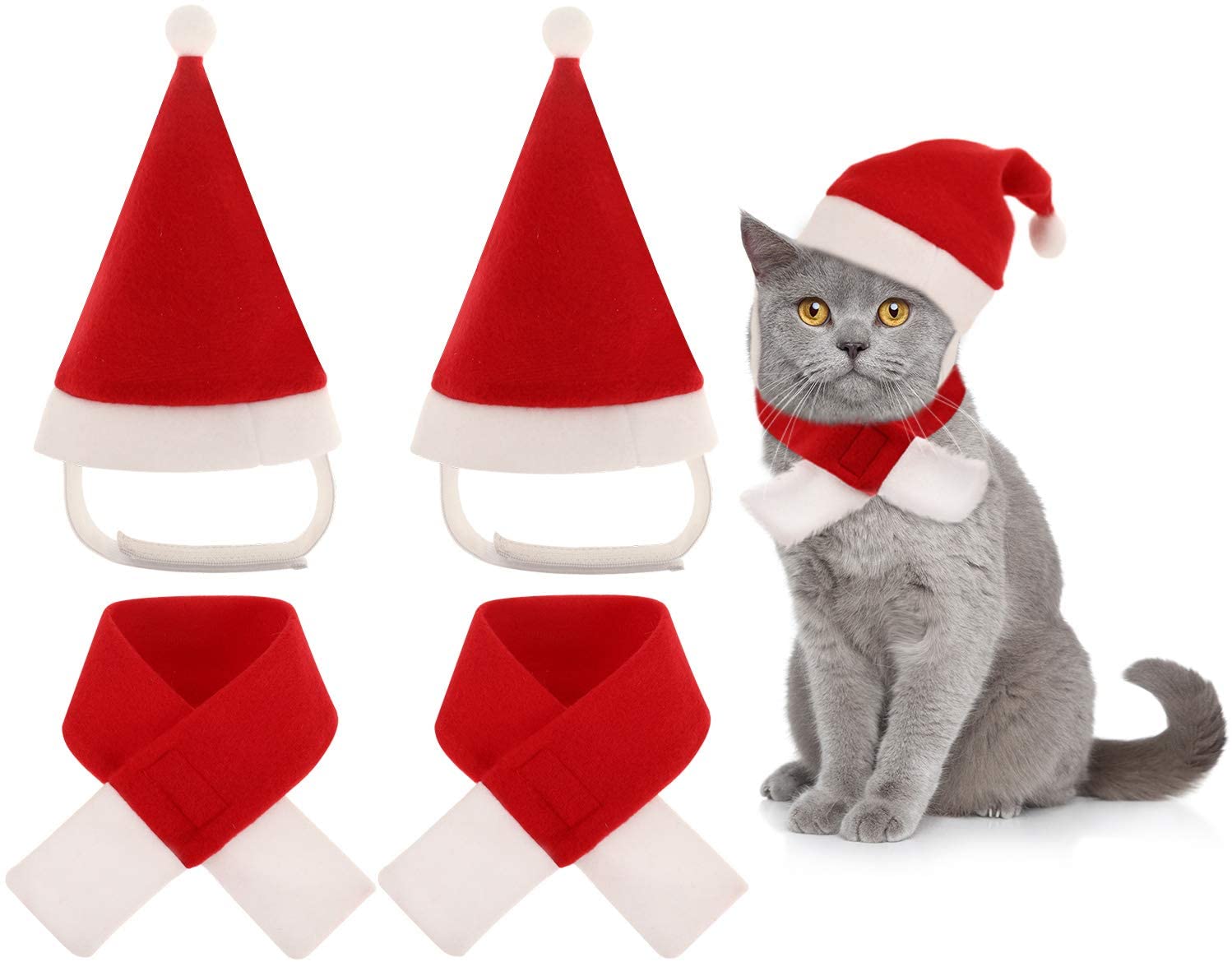  Syhood 4 Piezas de Gato Sombrero de Navidad con Silenciador Cachorro Perro Sombrero de Santa Accesorios para Cabeza Trajes de Disfraces de Navidad para Mascotas Perro Gato Conejo, Rojo 