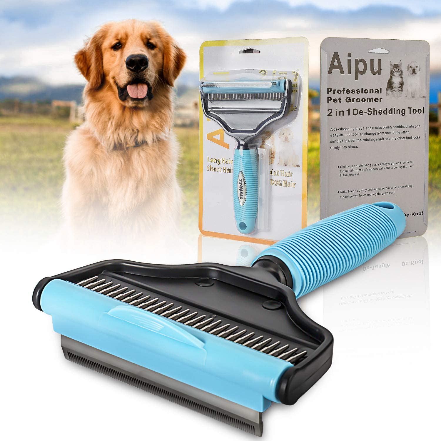  TTKLLLL Cepillo de Aseo para Mascotas, 2 en 1, Herramienta de Doble Cabeza para Perro, Reduce eficazmente la caída de Pelo hasta un 95% para Perros y Gatos y Todos los Tipos de Cabello 