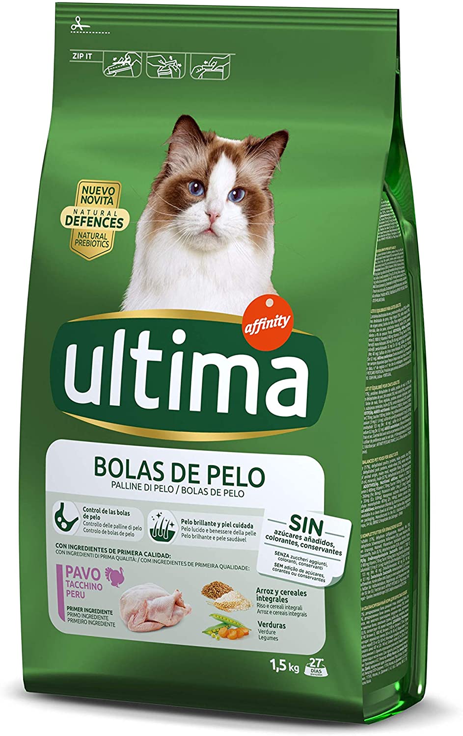  Ultima Pienso para gatos para prevenir bolas de pelo, sabor pavo - 1.5 kg 