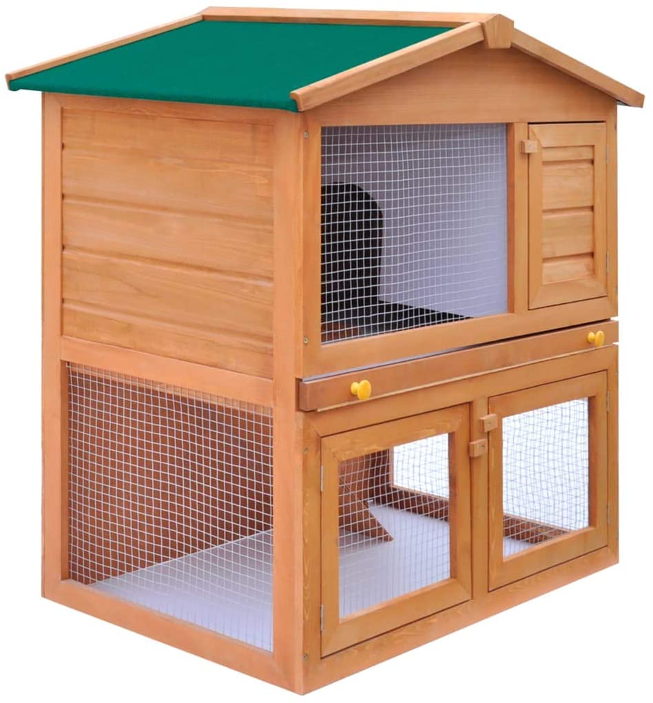  UnfadeMemory Jaula de Madera con Bandeja Extraíble,Casa de Animales Pequeños,Gallinero de Interior,Jaula para Conejos,con Escalera Antideslizante,Madera Maciza de Pino (93x60x97cm,2 Pisos) 