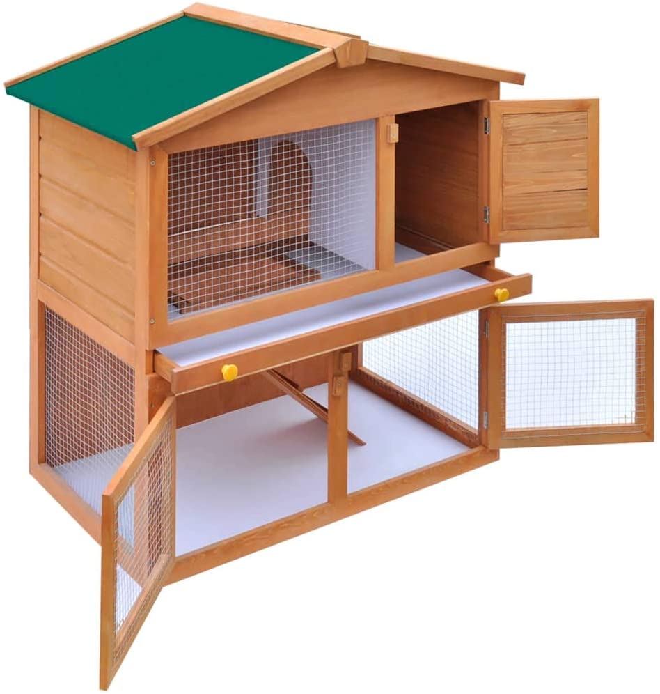  UnfadeMemory Jaula de Madera con Bandeja Extraíble,Casa de Animales Pequeños,Gallinero de Interior,Jaula para Conejos,con Escalera Antideslizante,Madera Maciza de Pino (93x60x97cm,2 Pisos) 