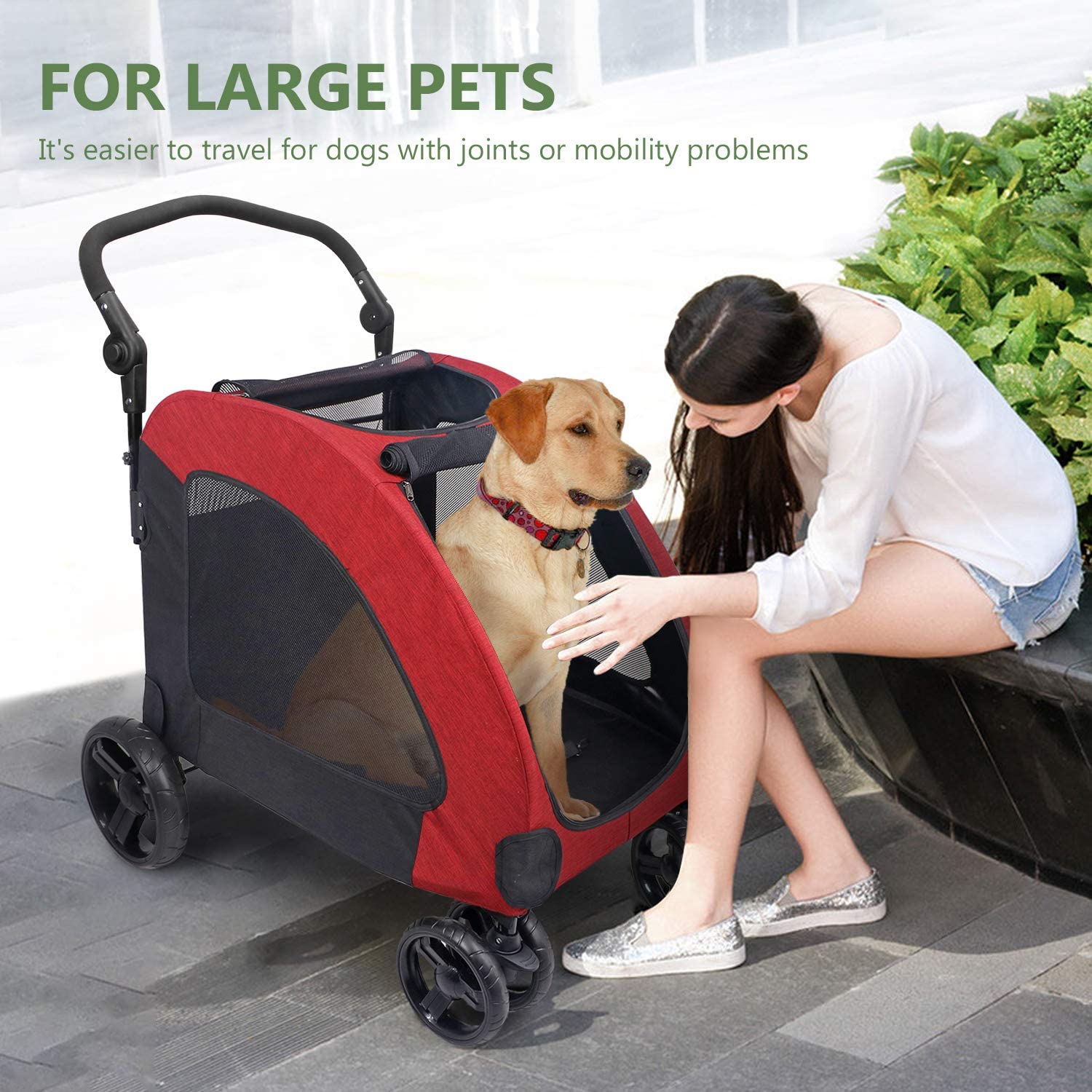  Wooce Pet Carrito de Cuatro Ruedas Trolley para Perros Carritos de Gatos Plegables para Perros Grandes medianos Salientes, Carga Dentro de 60 kg - Rojo 