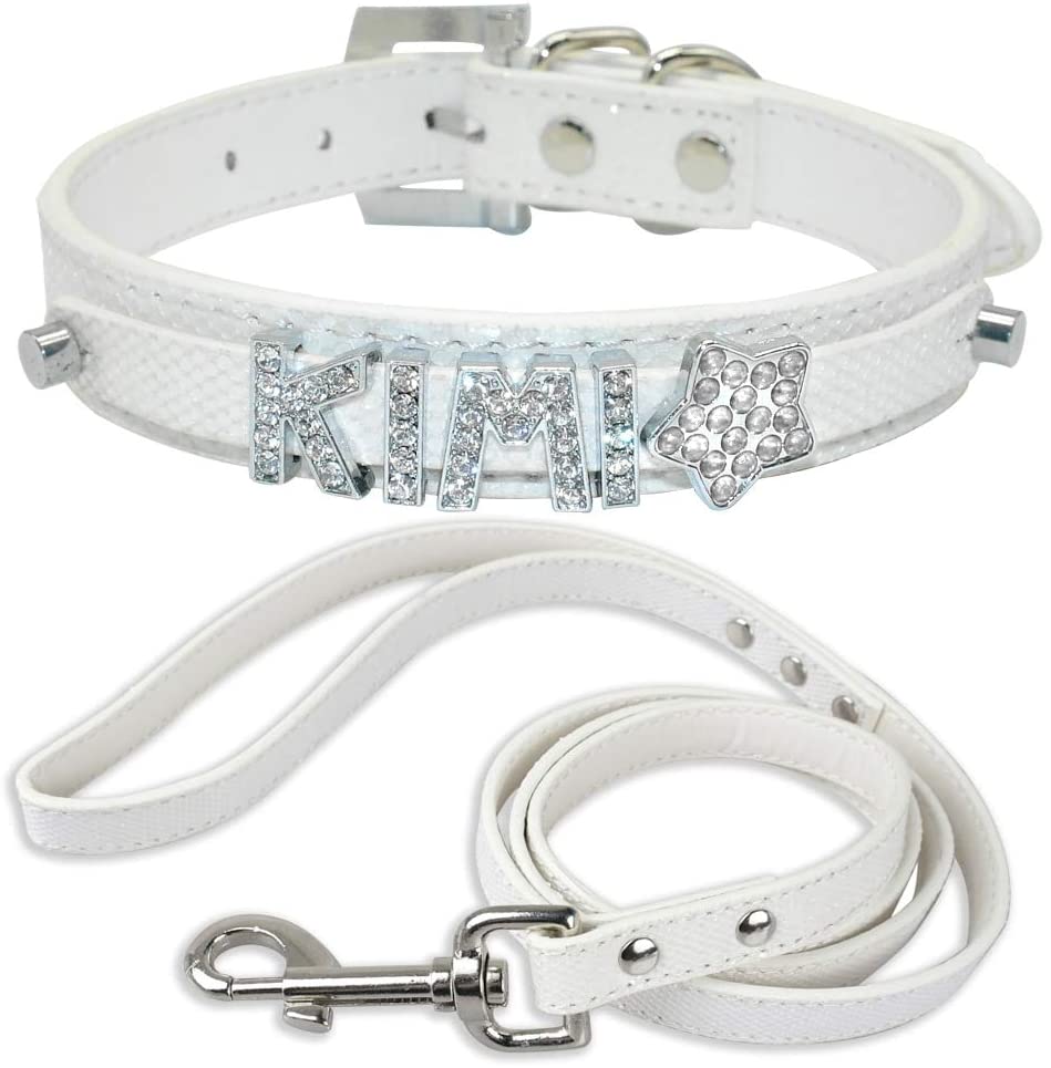  XIAOLANGTIAN Collar Personalizado De Perrito Pequeño Y Correa Juego Letras De Nombre De Bling Personalizadas Gratis para Chihuahua Youkshire Terrier Shih Tzu, Plata, M 