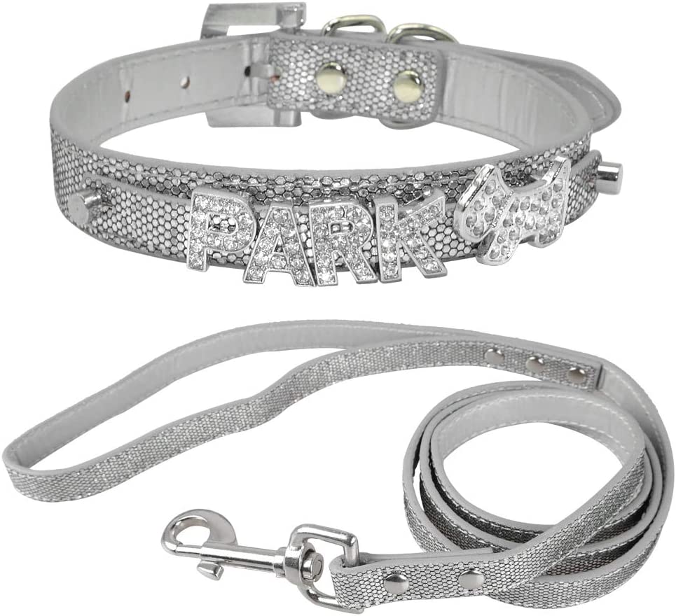  XIAOLANGTIAN Collar Personalizado De Perrito Pequeño Y Correa Juego Letras De Nombre De Bling Personalizadas Gratis para Chihuahua Youkshire Terrier Shih Tzu, Plata, M 