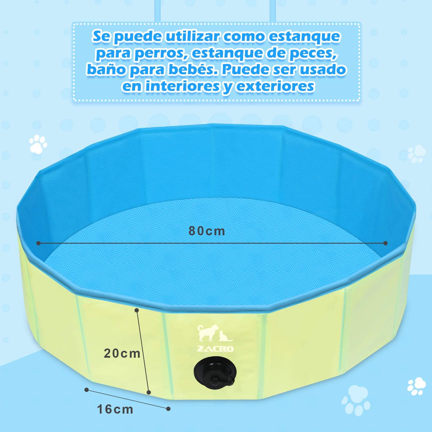  Zacro Piscina Plegable para Perros para Niños/Mascotas Perros/Gatos Piscina Infantil para Perros Piscina con PVC Antideslizante Resistente al Desgaste (80 cm x 20 cm) - Azul Claro y Amarillo 