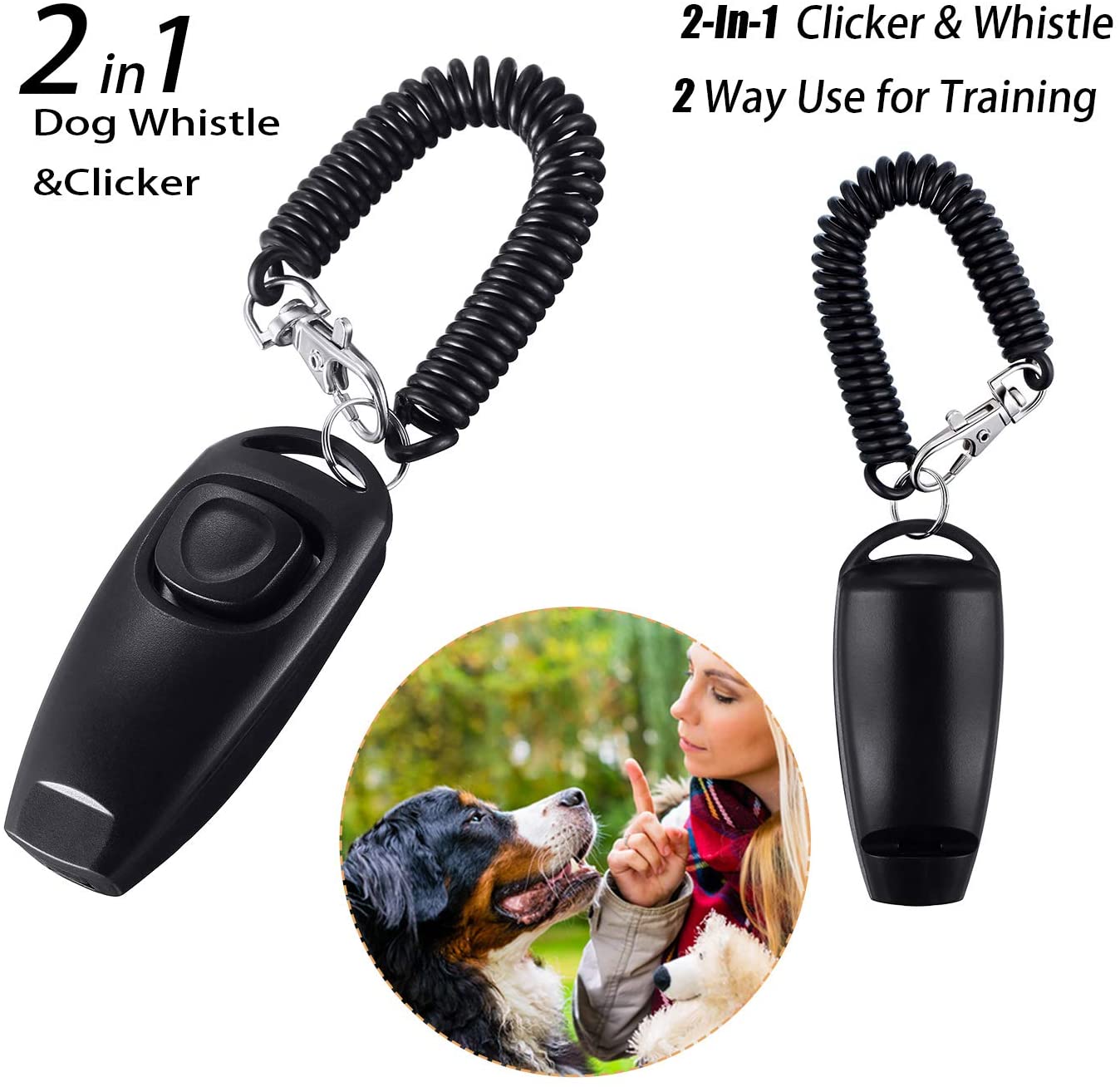  2 Pack de Clicker de Perro Silbato de Perro a Detener Ladrar Clicker de Adiestramiento de Perro de Perro 2 en 1 Herramientas de Adiestramiento de Nueva Actualización con Correa de Silbato (Negro) 