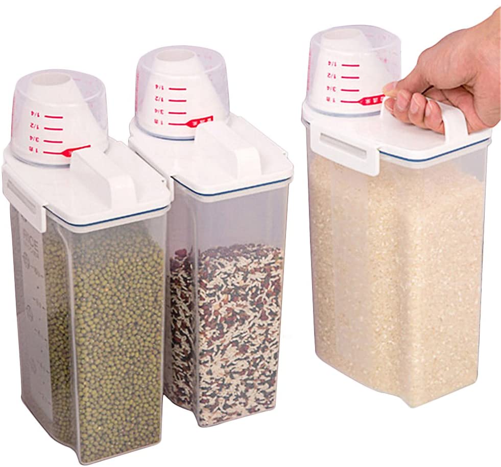  3 paquetes de recipientes de cereales sellados de plástico sin BPA sellados a prueba de humedad 2 kg con taza de medición para azúcar de harina de arroz y aperitivos para mascotas 