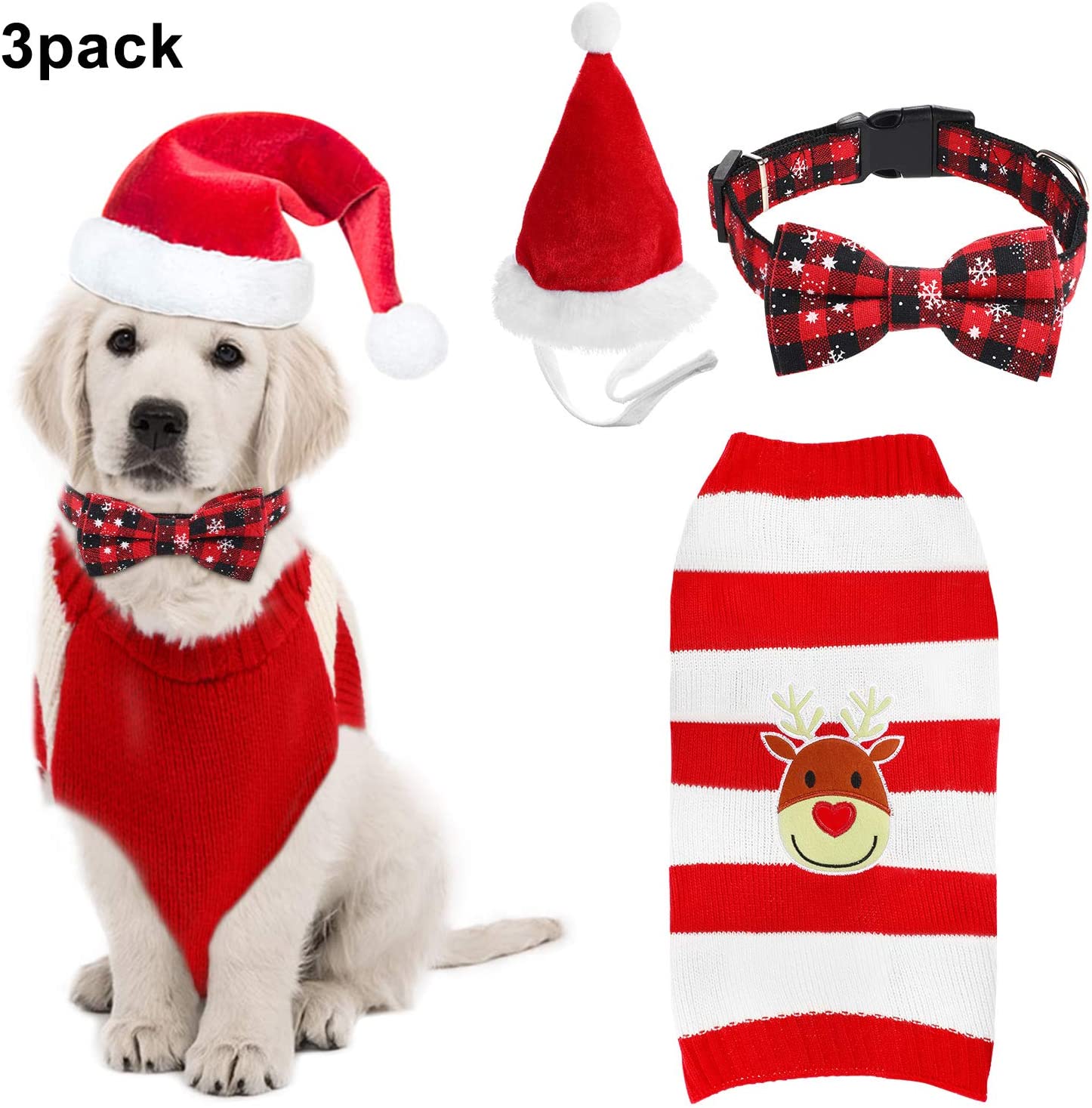  3 Piezas Kit de Disfraz de Mascota Navideña, Incluye Suéter Tejido de Navidad Reno Mascota Gato Perro, Gorro de Mascota y Collar Corbata de Copo de Nieve de Mascota 