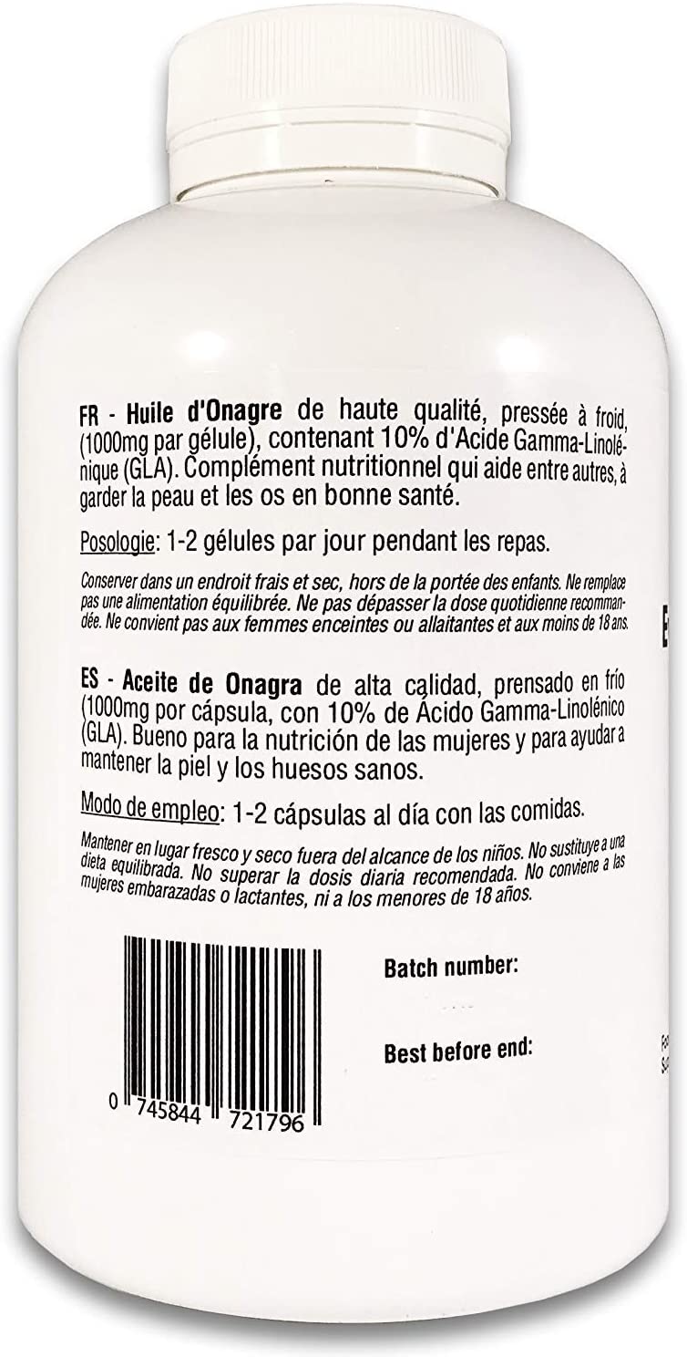  Aceite de Onagra | 1000mg x 200 perlas | Calidad Premium, Prensado en frío, 10% GLA | Para el equilibrio hormonal de las mujeres y la saludo de la piel y los huesos | 100% Natural 