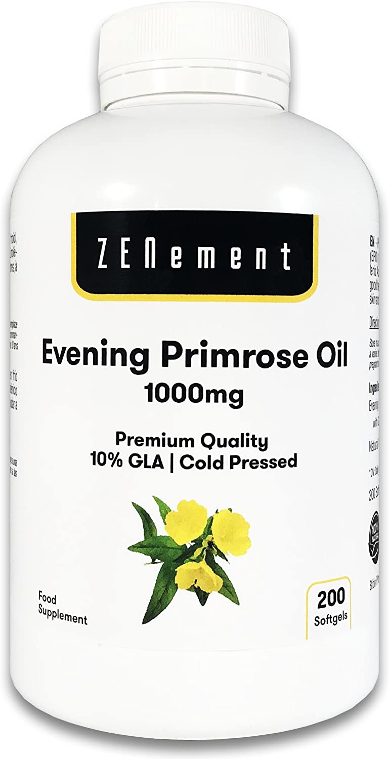  Aceite de Onagra | 1000mg x 200 perlas | Calidad Premium, Prensado en frío, 10% GLA | Para el equilibrio hormonal de las mujeres y la saludo de la piel y los huesos | 100% Natural 