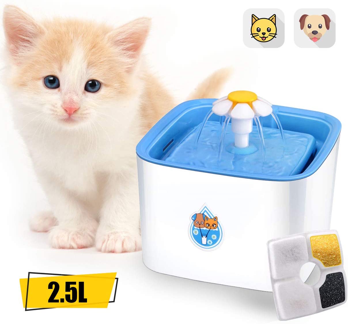  ADOV Fuente Gatos, 2.5L Dispensador Automático de Agua Eléctrico con 3 Etapas Filtración, Flor Portátil Estilo Bebedero para Gatos, Perros y Pequeños Animales – Azul 