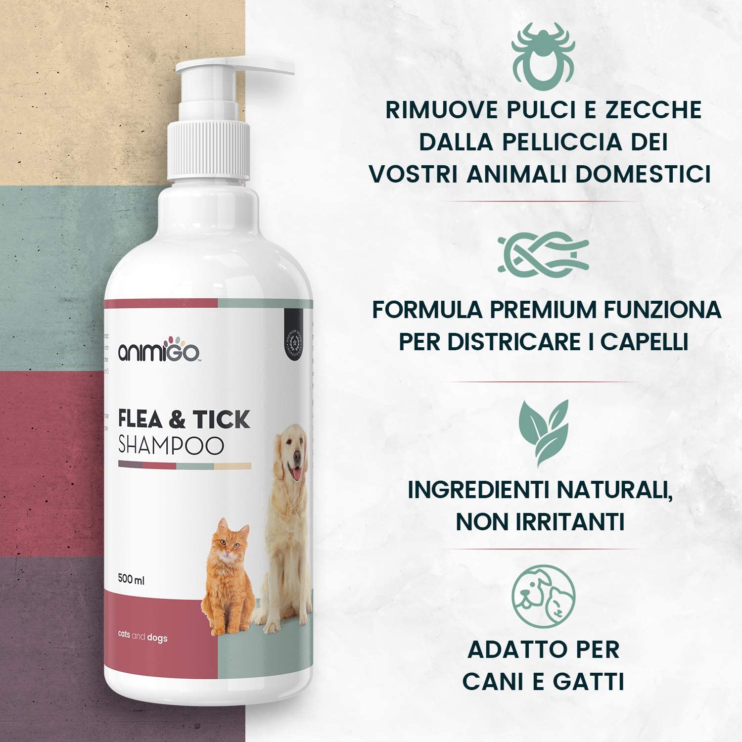  Animigo Champú Antipulgas para Perros y Gatos 500ml - Champú Natural Antiparasitario, para Ácaros, Pulgas y Garrapatas, Ideal para Pelo Seco, Elimina Picazón Mascotas, para Todo Tipo de Razas 