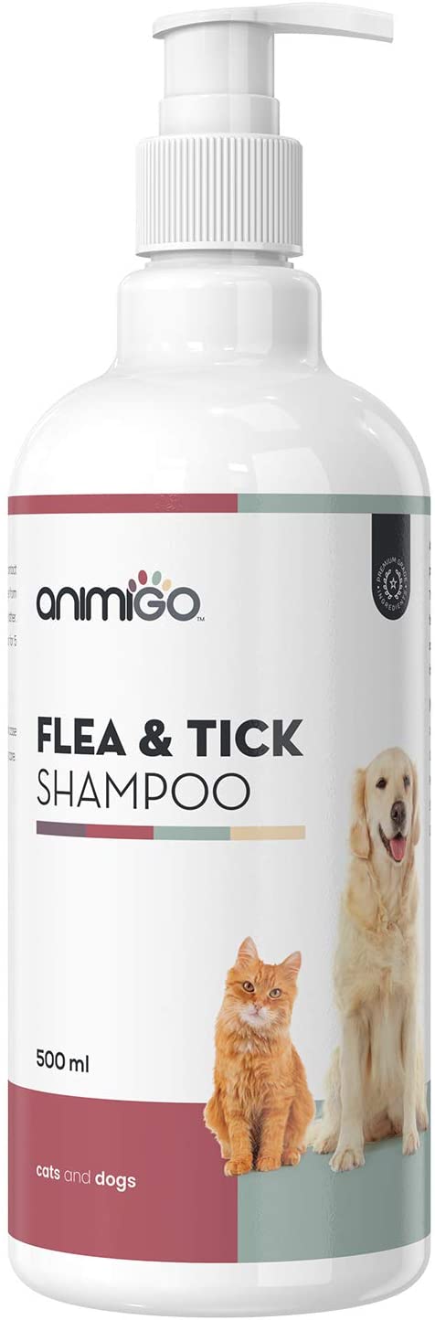  Animigo Champú Antipulgas para Perros y Gatos 500ml - Champú Natural Antiparasitario, para Ácaros, Pulgas y Garrapatas, Ideal para Pelo Seco, Elimina Picazón Mascotas, para Todo Tipo de Razas 