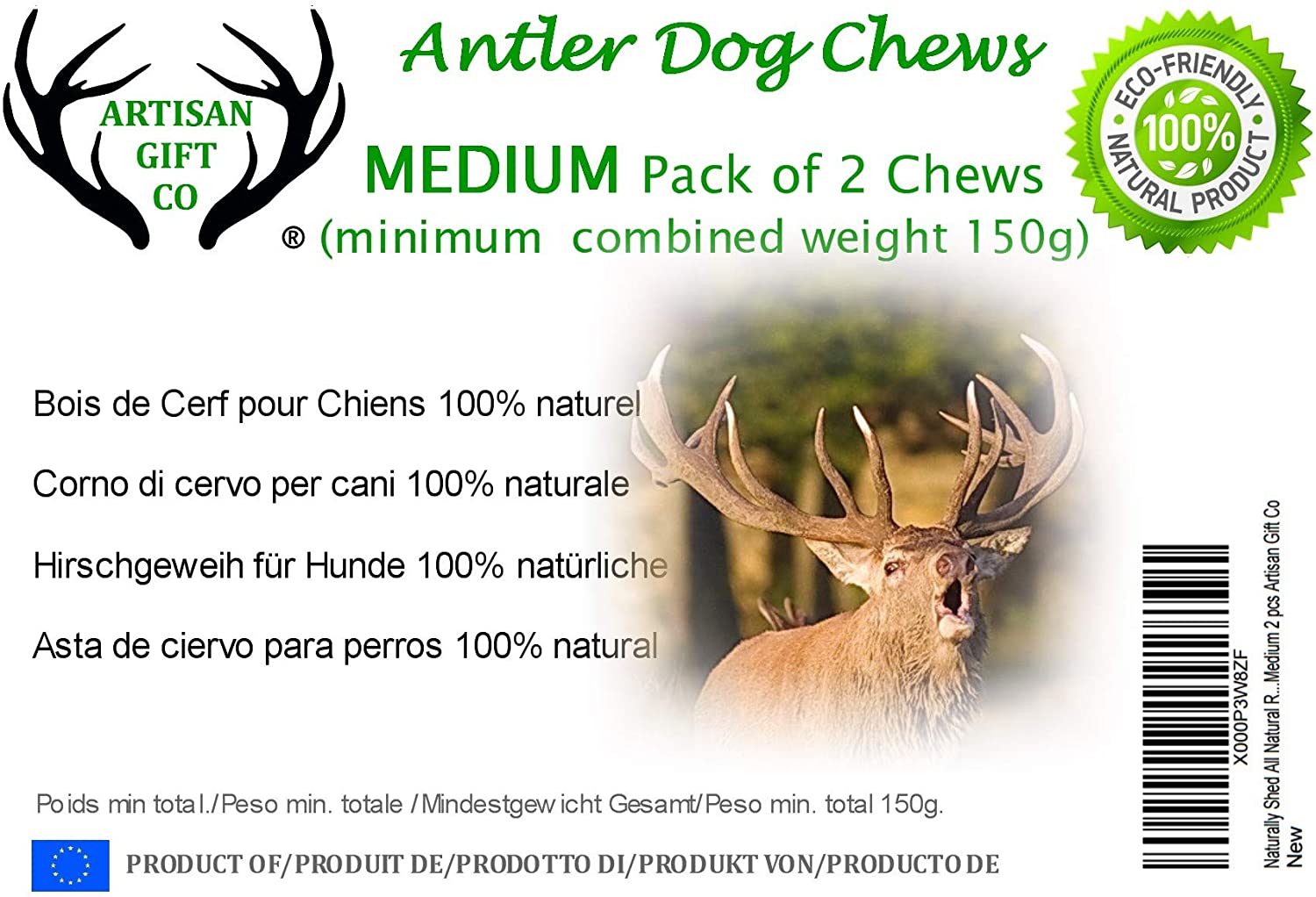  ARTISAN GIFT CO Mordedor Ecológico para Perros de Asta de Ciervo 100% Natural – Tamaño M (2 Unidades) 