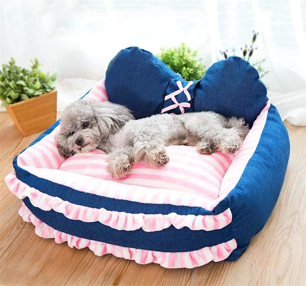  AYWJ YAN Cómoda Cama Mascotas de Terciopelo cómodo, Cama para Mascotas Lavable Desmontable para Perros de Gatos con cojín (Color : Pink Stripes, Tamaño : M) 