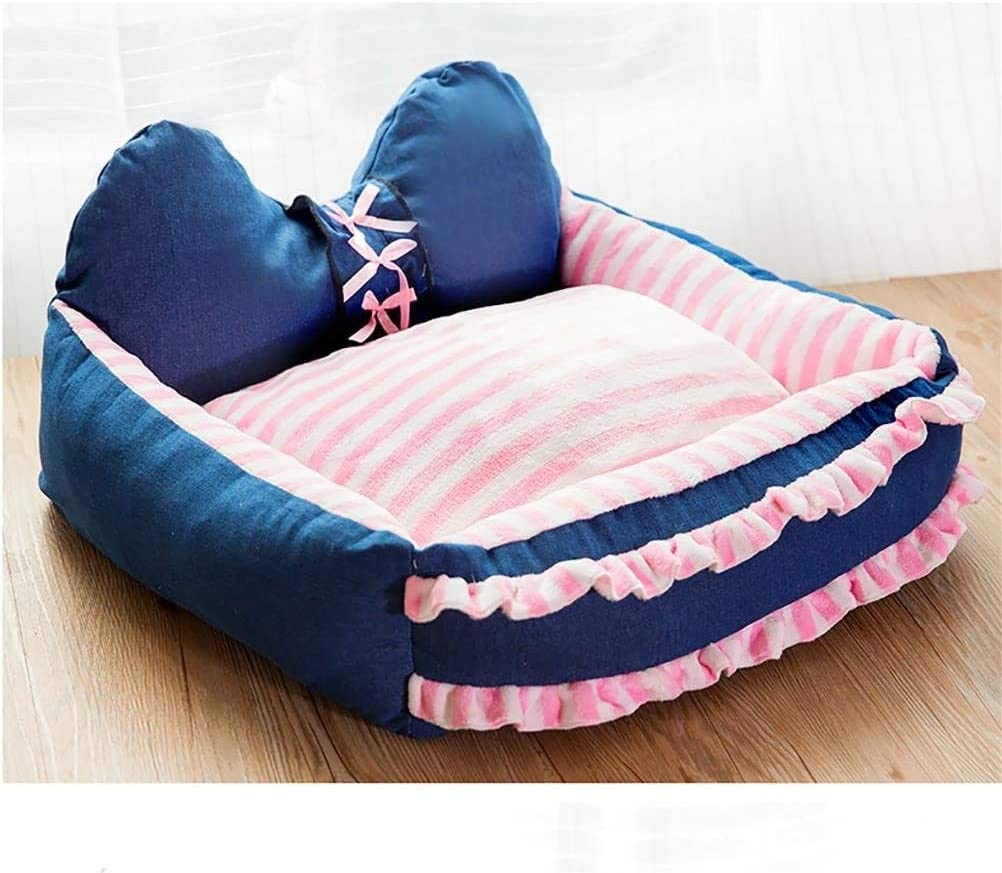  AYWJ YAN Cómoda Cama Mascotas de Terciopelo cómodo, Cama para Mascotas Lavable Desmontable para Perros de Gatos con cojín (Color : Pink Stripes, Tamaño : M) 