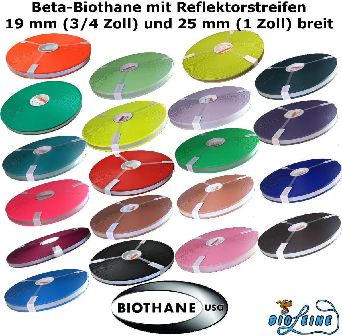  Beta biothane® con reflectante) Tiras con reflectante 20 colores y 2 anchos 