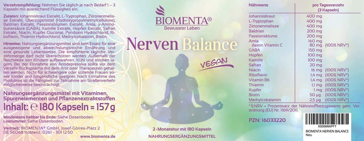  BIOMENTA equilibrio de nervios | con JOHANNISKRAUT + L-TRYPTOPHANE + LEMON MELISSE + BALDRIAN + PASSION FLOWER + HOPPING + GABA + CAMOMILA + SAFRANE + VITAMINAS | 180 cápsulas veganas por dos meses 