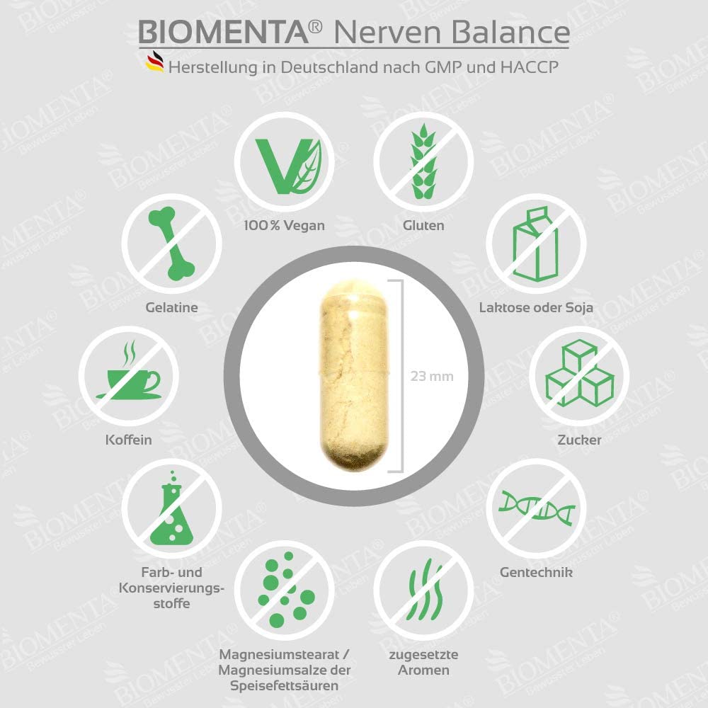  BIOMENTA equilibrio de nervios | con JOHANNISKRAUT + L-TRYPTOPHANE + LEMON MELISSE + BALDRIAN + PASSION FLOWER + HOPPING + GABA + CAMOMILA + SAFRANE + VITAMINAS | 180 cápsulas veganas por dos meses 