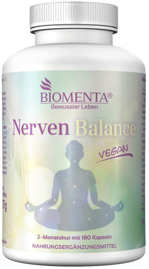  BIOMENTA equilibrio de nervios | con JOHANNISKRAUT + L-TRYPTOPHANE + LEMON MELISSE + BALDRIAN + PASSION FLOWER + HOPPING + GABA + CAMOMILA + SAFRANE + VITAMINAS | 180 cápsulas veganas por dos meses 