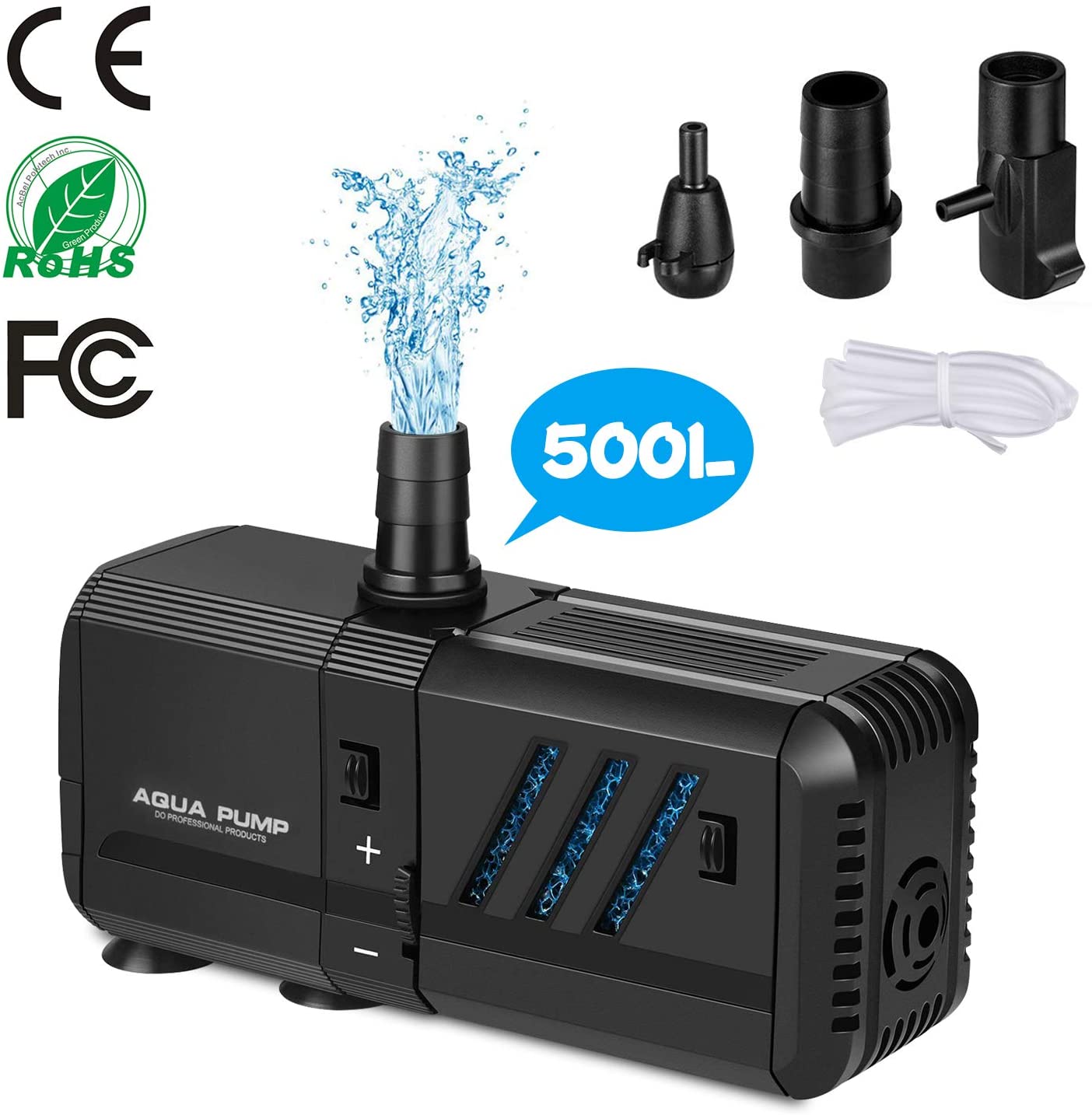  Bomba Sumergible 500L/H 6W Bomba de Filtración Ultra Silencioso Bomba de Agua para Pecera, Acuario, Jardín, Estanque, Fuente, Bomba de Flujo Extraíble y Lavable con Filtro y 1 Boquilla de agua 13mm 