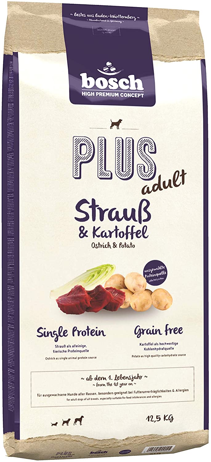  bosch HPC PLUS Adult | Avestruz y Patata | Comida seca para perros adultos de todas las razas | Single Protein | Sin Cereales | 12,5 kg 