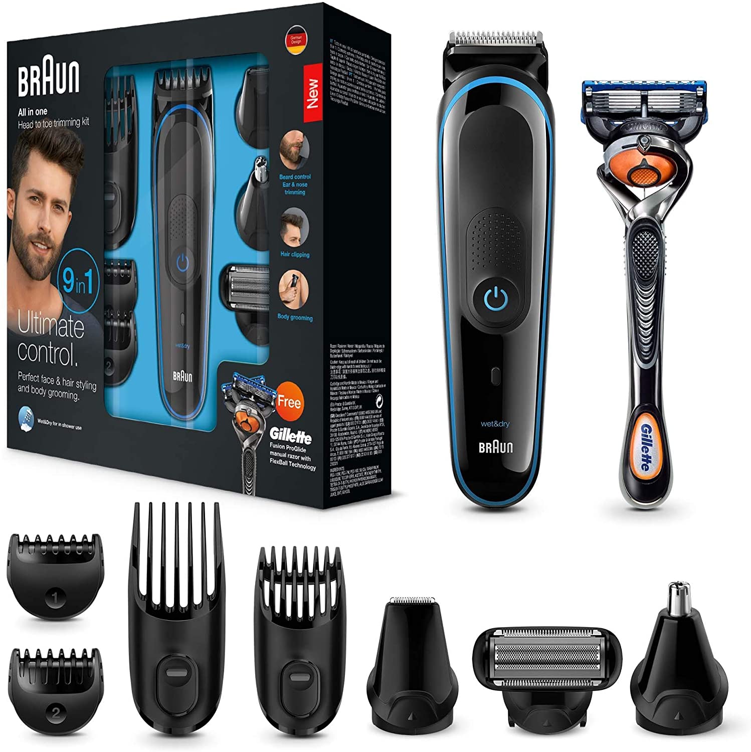  Braun 9 en 1 MGK3085 - Corta Barbas Hombre Todo en 1, Recortadora Barba, Depiladora Masculina, Máquina Cortar Pelo, Cortapelos Nariz y Orejas 