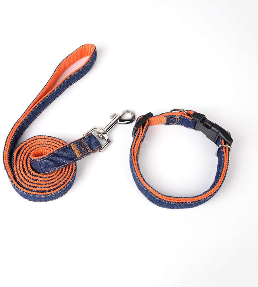  Cadena de perro de mezclilla collar de perro correa de pecho correa de perro set perro pequeño y mediano suministros para mascotas collar naranja denim de dos piezas XL (ancho 2.5cm, largo 120cm) 