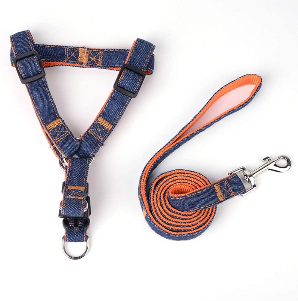  Cadena de perro de mezclilla collar de perro correa de pecho correa de perro set perro pequeño y mediano suministros para mascotas collar naranja denim de dos piezas XL (ancho 2.5cm, largo 120cm) 