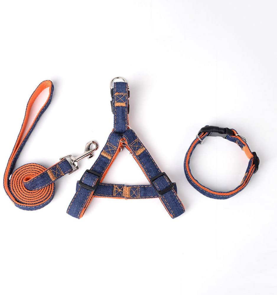  Cadena de perro de mezclilla collar de perro correa de pecho correa de perro set perro pequeño y mediano suministros para mascotas collar naranja denim de dos piezas XL (ancho 2.5cm, largo 120cm) 