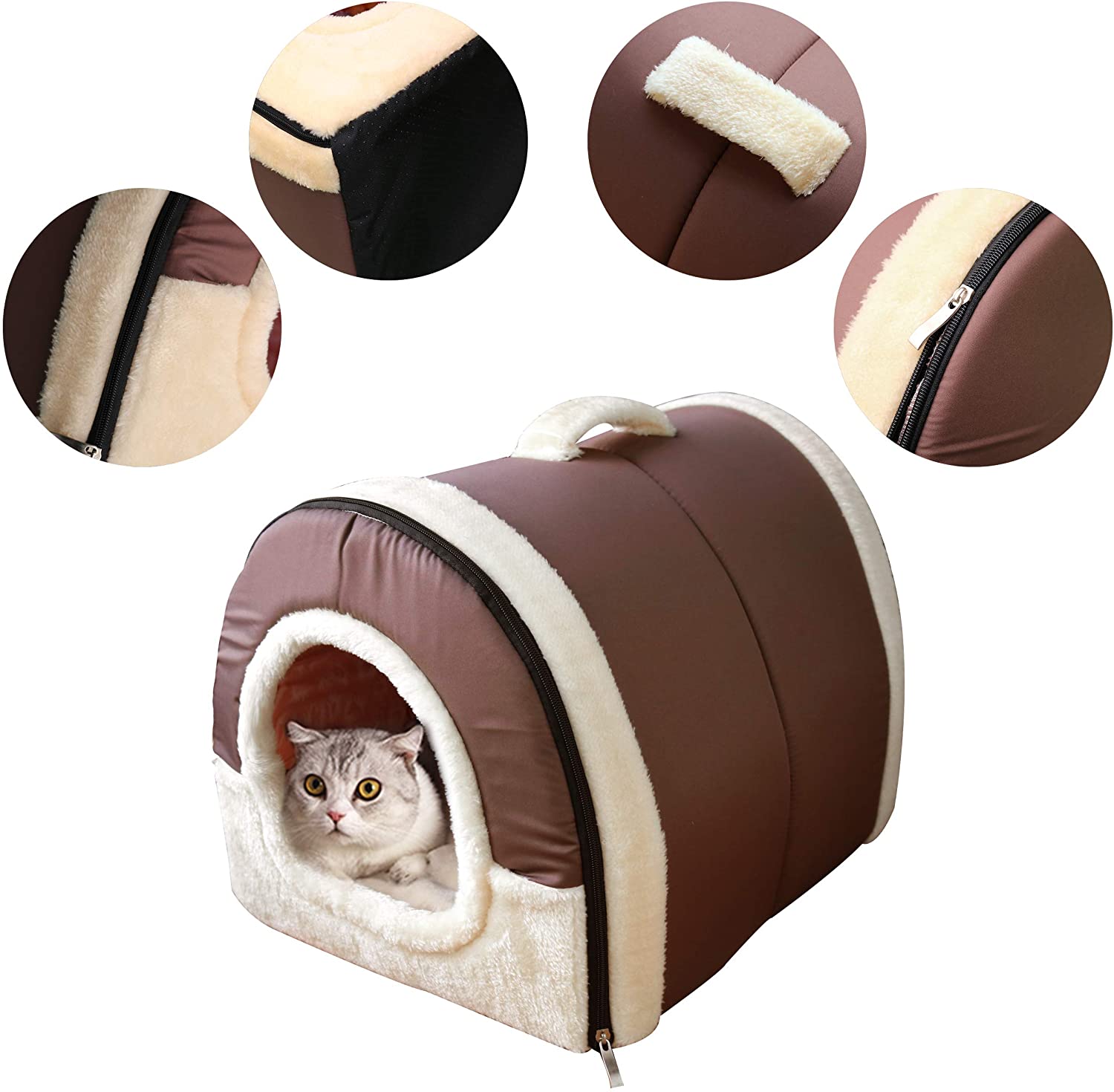  Cama/Caseta Perro Gato Interior 2 en 1, Casa Mascota Grande o Pequeño, Lavable Plegable Portátil, Cueva de Viaje para Perros Medianos Pequeños y Gatos (M:45cmx35cmx35cm, Marron) 