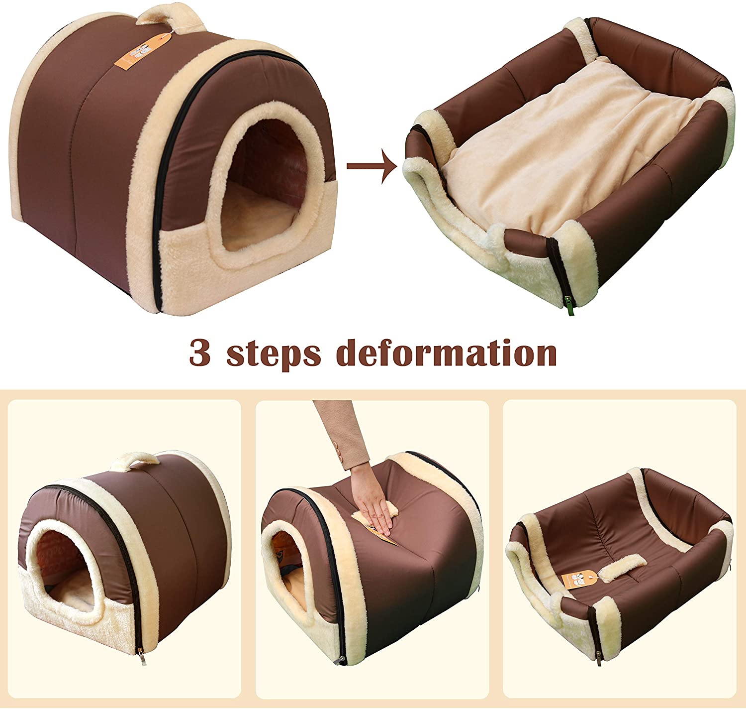  Cama/Caseta Perro Gato Interior 2 en 1, Casa Mascota Grande o Pequeño, Lavable Plegable Portátil, Cueva de Viaje para Perros Medianos Pequeños y Gatos (M:45cmx35cmx35cm, Marron) 