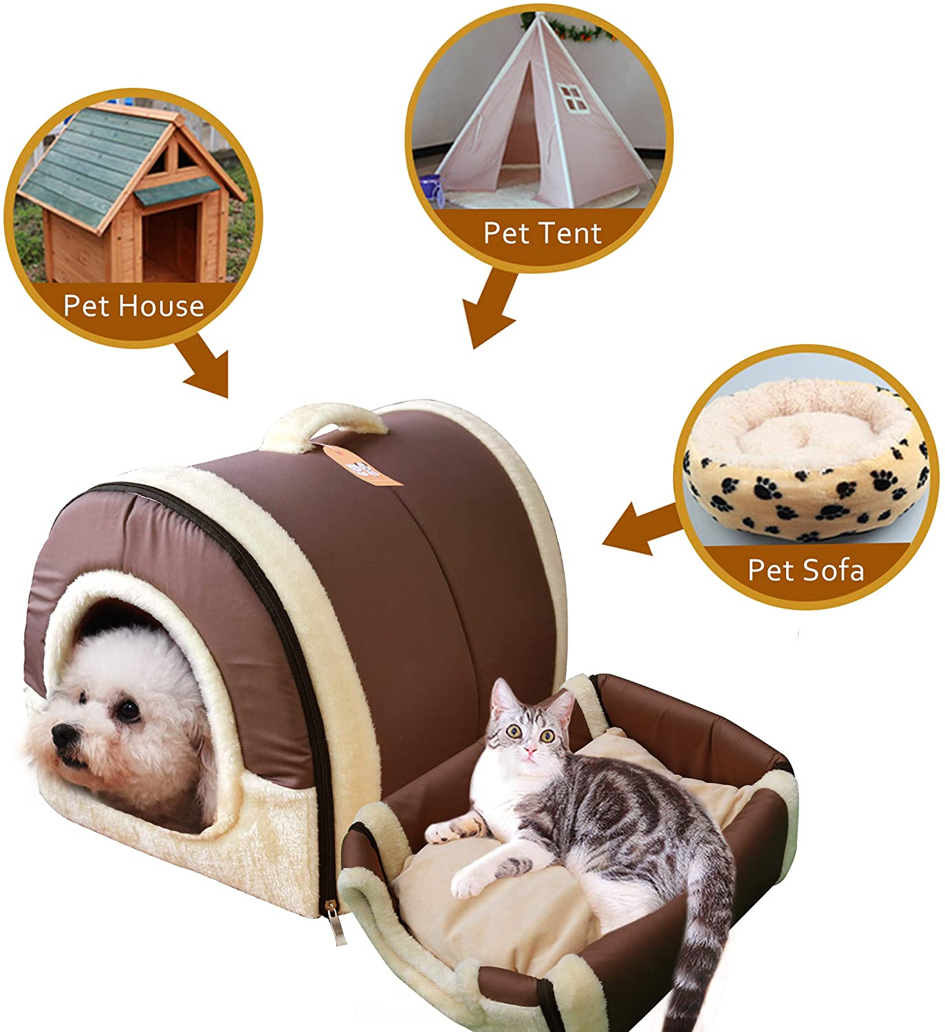  Cama/Caseta Perro Gato Interior 2 en 1, Casa Mascota Grande o Pequeño, Lavable Plegable Portátil, Cueva de Viaje para Perros Medianos Pequeños y Gatos (M:45cmx35cmx35cm, Marron) 