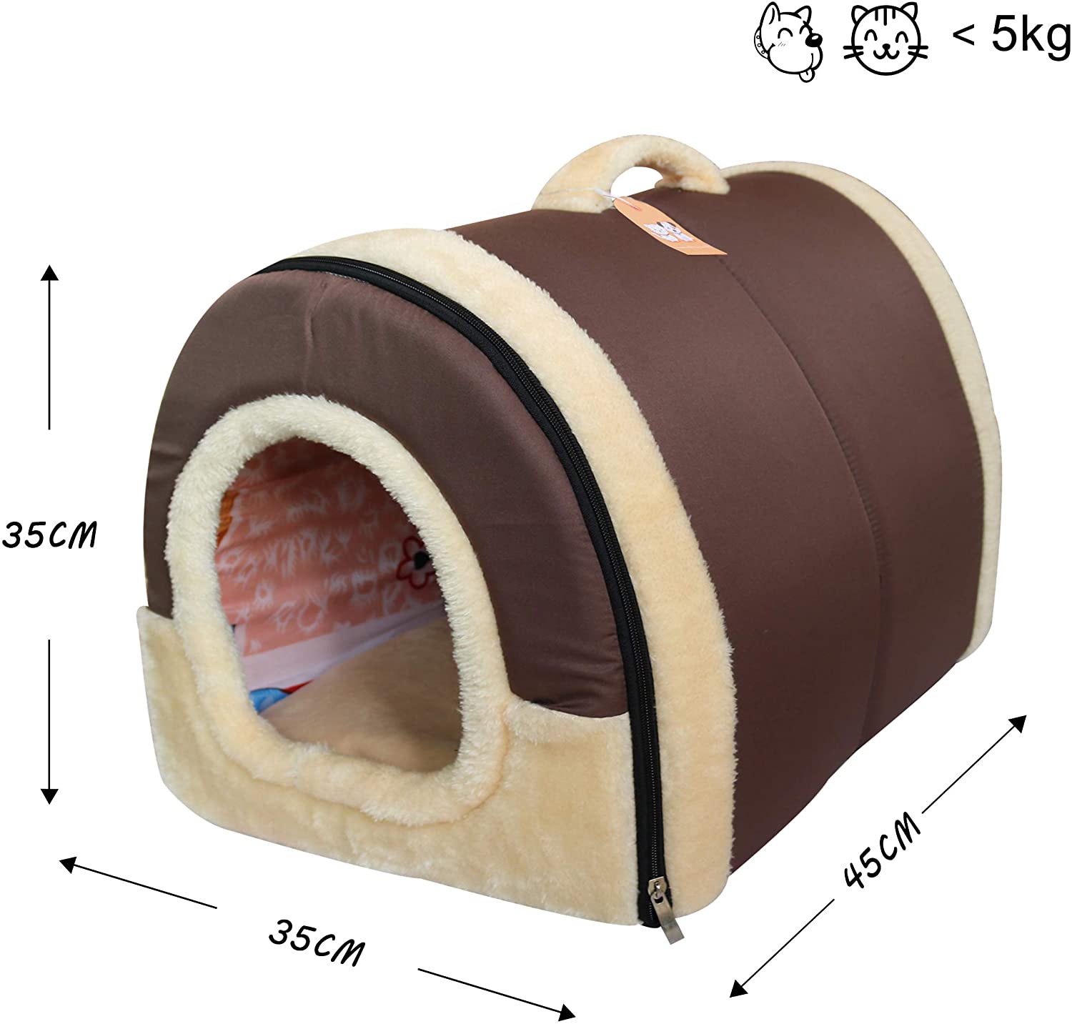  Cama/Caseta Perro Gato Interior 2 en 1, Casa Mascota Grande o Pequeño, Lavable Plegable Portátil, Cueva de Viaje para Perros Medianos Pequeños y Gatos (M:45cmx35cmx35cm, Marron) 