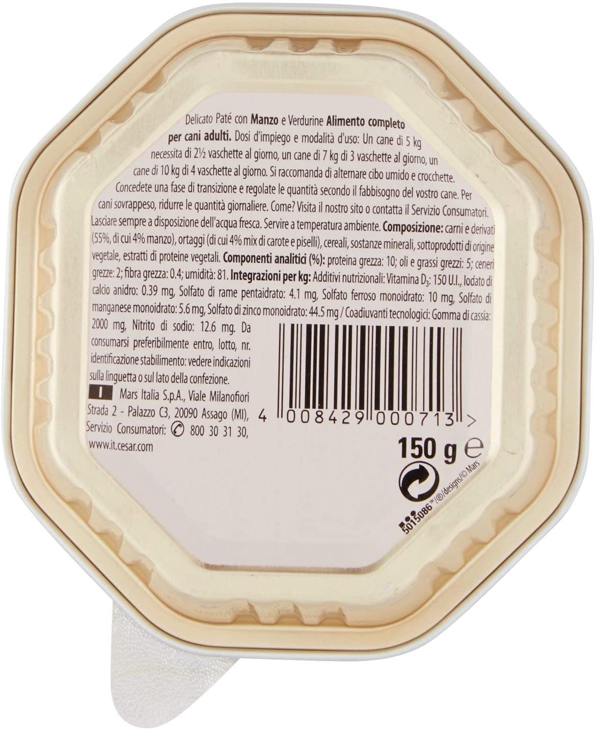  Cesar – selezioni del orto, Delicada fuagrás con Manzo Y verdurine, para Perros Adultos, 150 g 