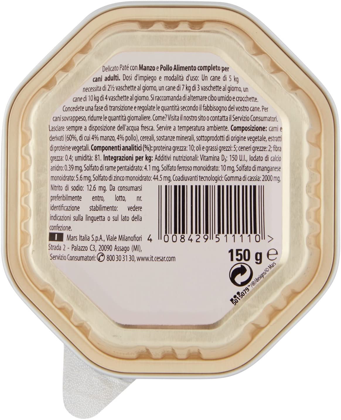  César Tarrina para perros clásicos de buey de 150g 