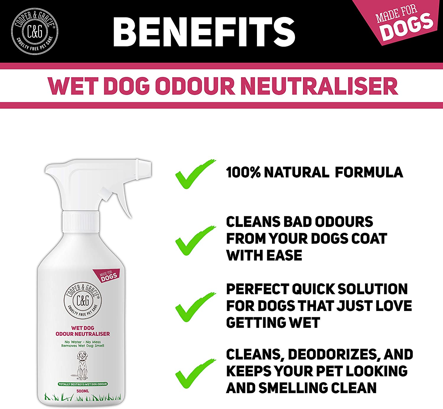  C&G Pets C&G - NEUTRALIZADOR DE Olor A Perro Mojado 500ML - ELIMINADOR DE Olor SIN Agua - Desodorante EN Spray SIN Enjuague - Perro DE Olor Agradable - Ingredientes Libre DE CRUELDAD 