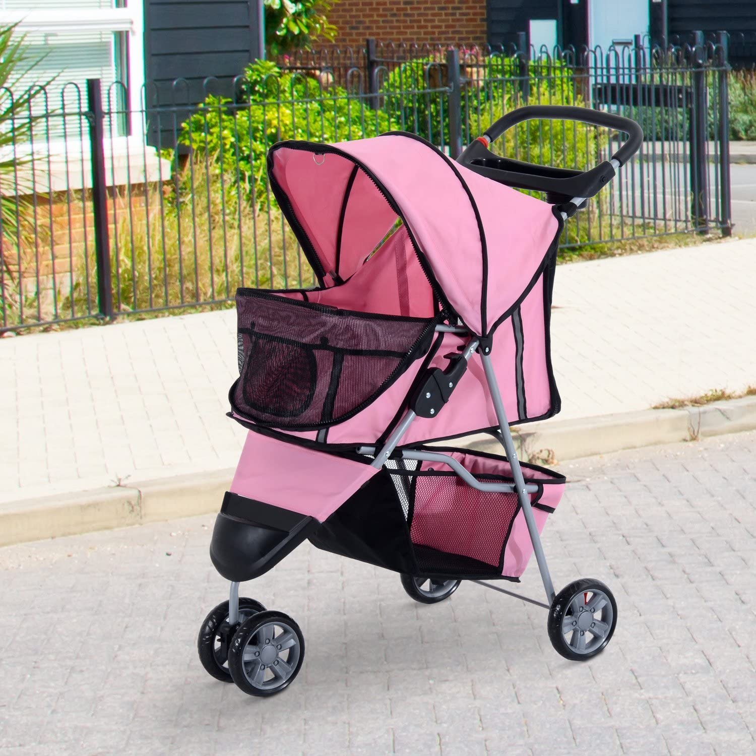  Cochecito Plegable Mascotas 75x45x97cm Perros Gatos Carrito Ruedas giran 360º Rosa 