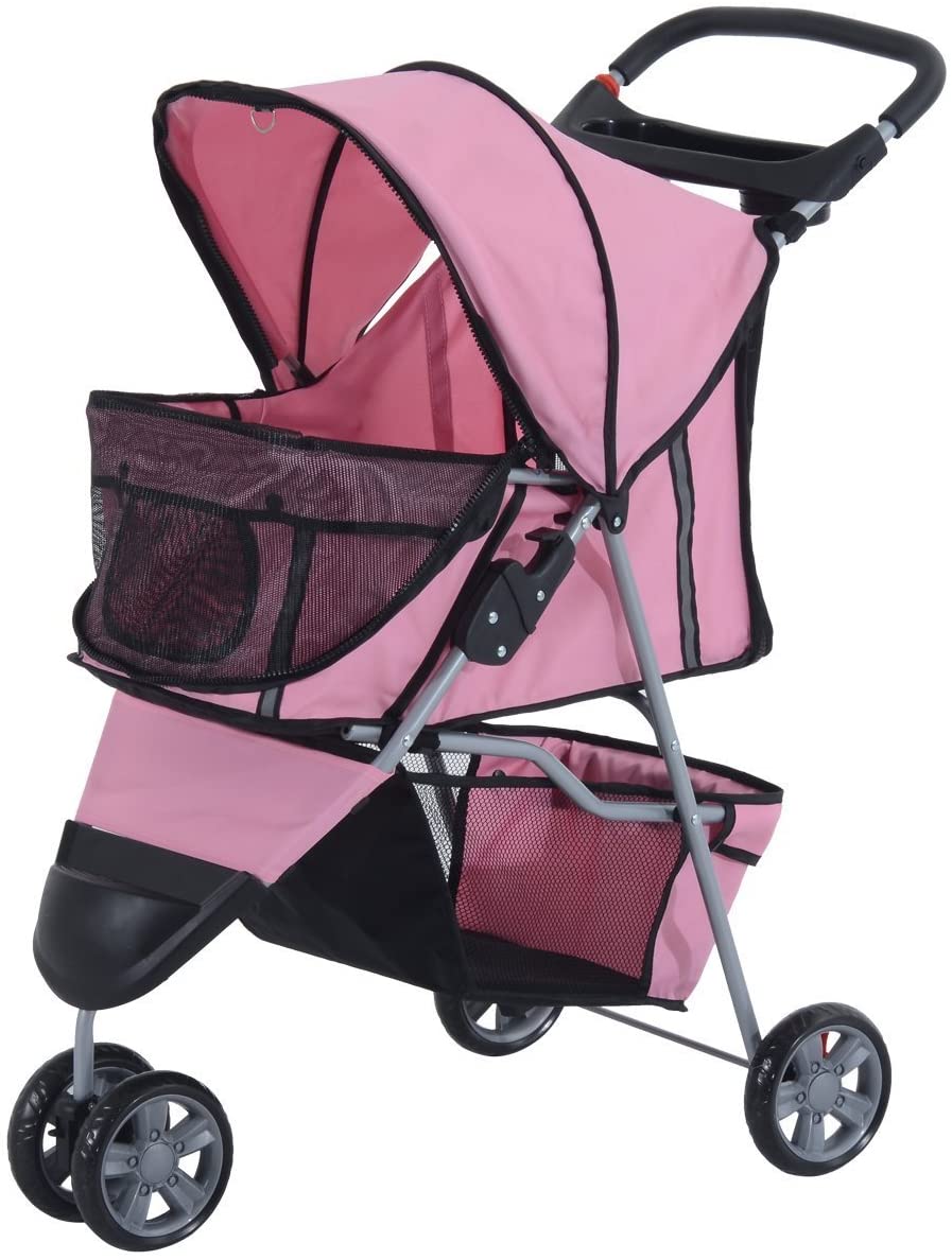  Cochecito Plegable Mascotas 75x45x97cm Perros Gatos Carrito Ruedas giran 360º Rosa 