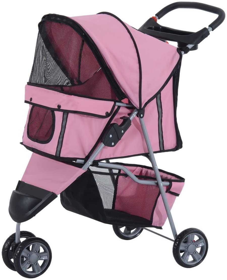  Cochecito Plegable Mascotas 75x45x97cm Perros Gatos Carrito Ruedas giran 360º Rosa 