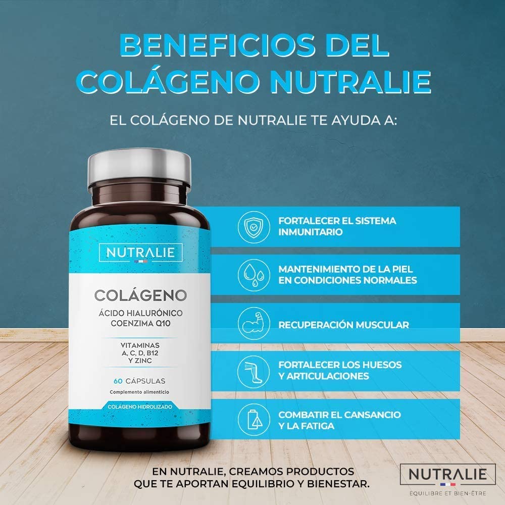  Colágeno + Ácido Hialurónico + Coenzima Q10 + Vitaminas A, C, D y B12 + Zinc | Energía y Articulaciones Fuertes | Colágeno Hidrolizado en 60 cápsulas | Nutralie 