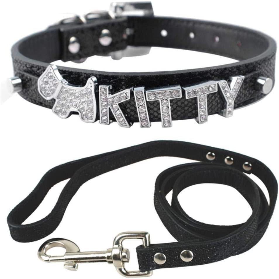  Collar Perro Ajustable Juego De Collar Y Correa De Perro Pequeño Personalizado para Cachorros Letras De Nombre De Bling Personalizadas Gratis para Chihuahua Youkshire Terrier Shih Tzu, Negro, S 