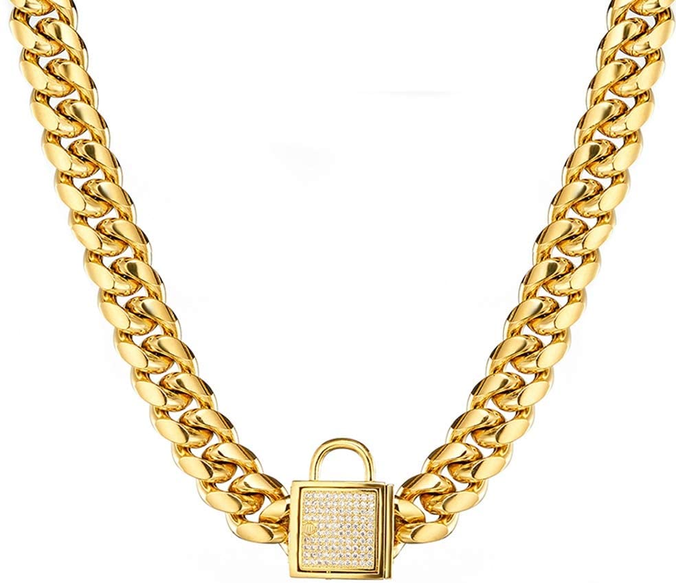  Collar Perro Oro Gold Tone Curb Pet Link Cierre de Acero Inoxidable Collar de Cadena de Perro Venta al por Mayor Collares para Mascotas 14 Pulgadas 