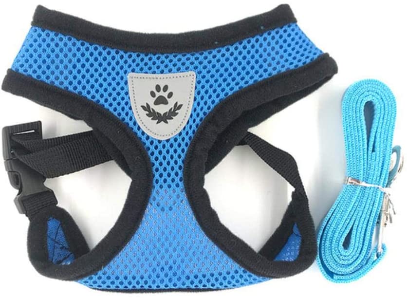  Conjunto de arnés y correa para mascotas de malla transpirable para perros pequeños Collar de arnés de chaleco para cachorro de gato para perro Pug de Bulldog Bulldog Gato arnes perro, azul, L 