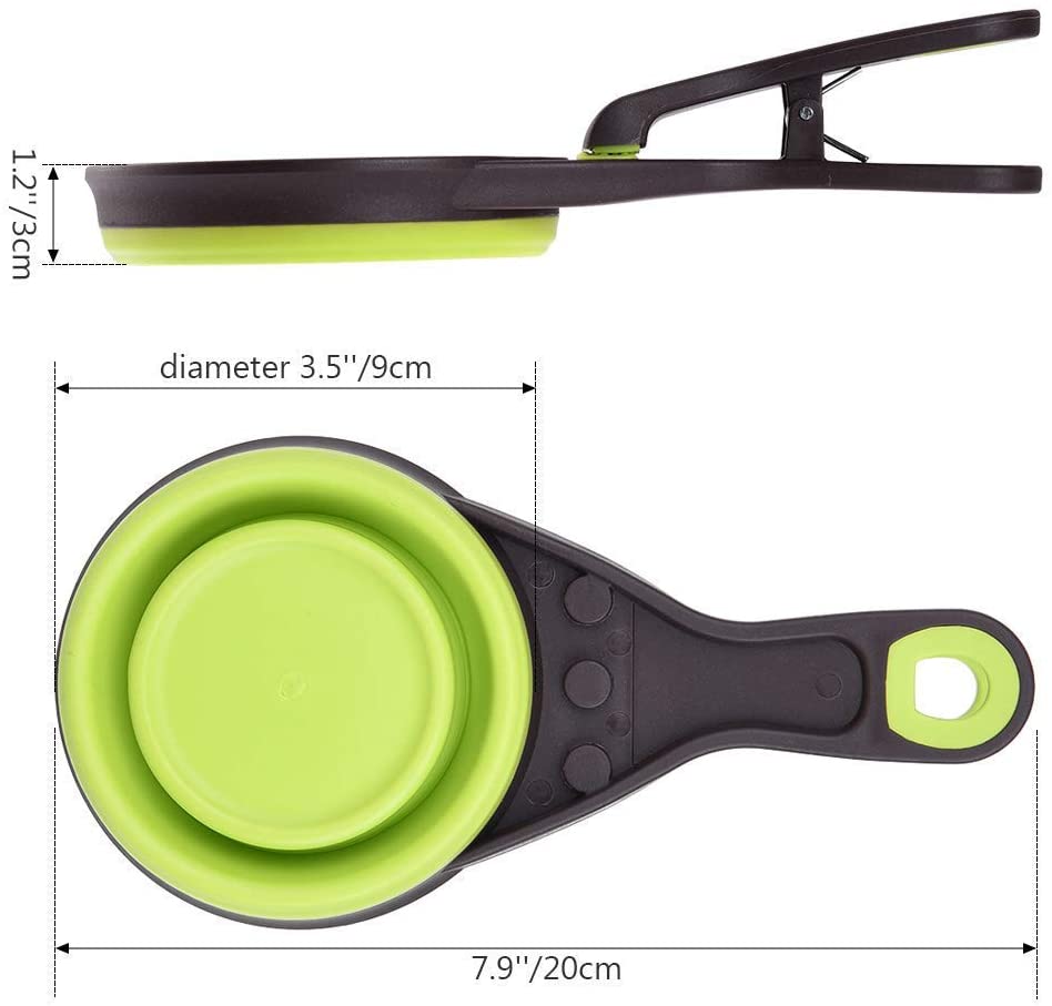  Cuchara 3 en 1 para alimentos, 237 ml Plegable Clip de cuchara medidora de alimentos para mascotas Alimentación de almacenamiento y riego Suministros para el hogar al aire libre, verde 1 taza / 8 oz 